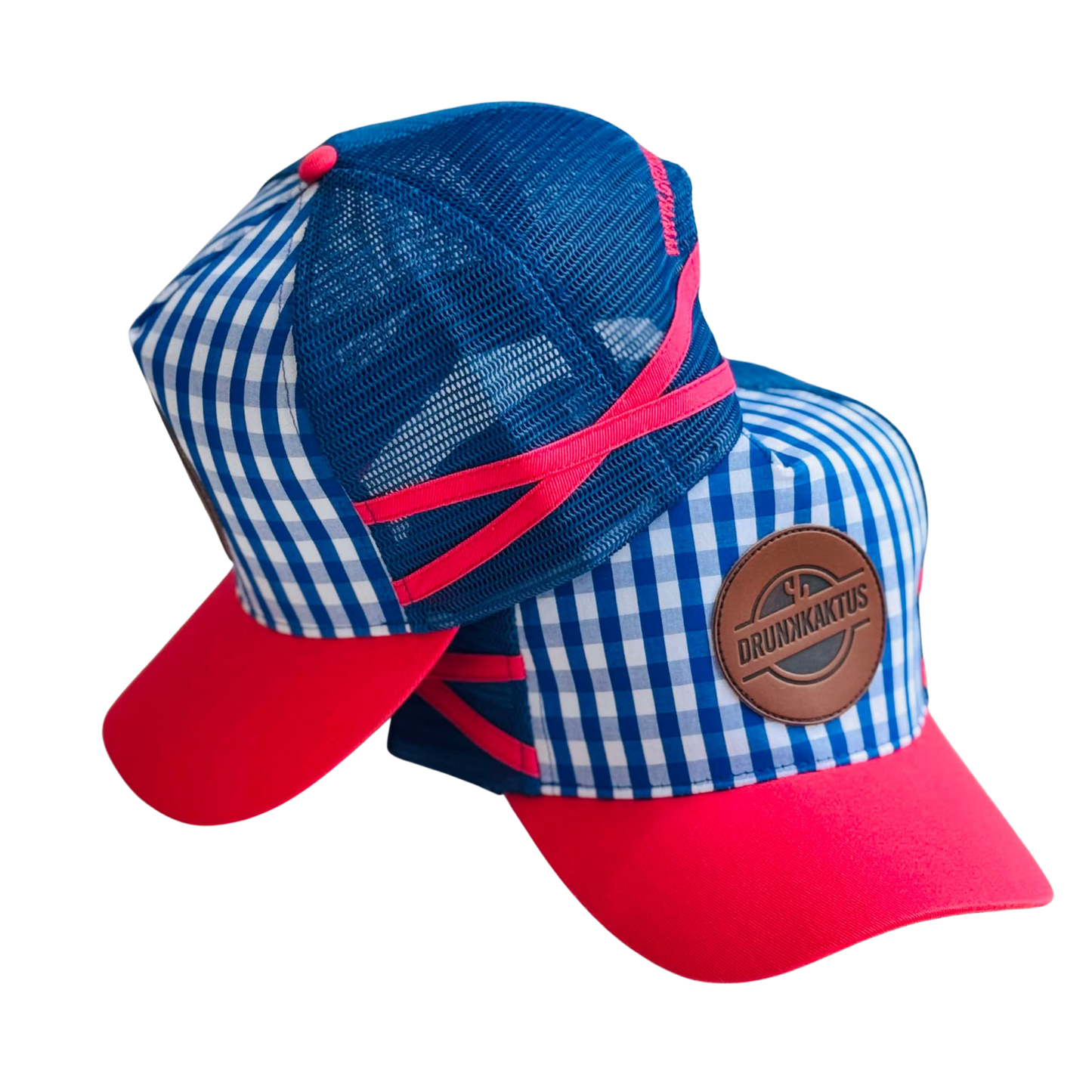 HIGH PROFILE TRUCKER CAP - BLUE GINGHAM AND WATERMELON