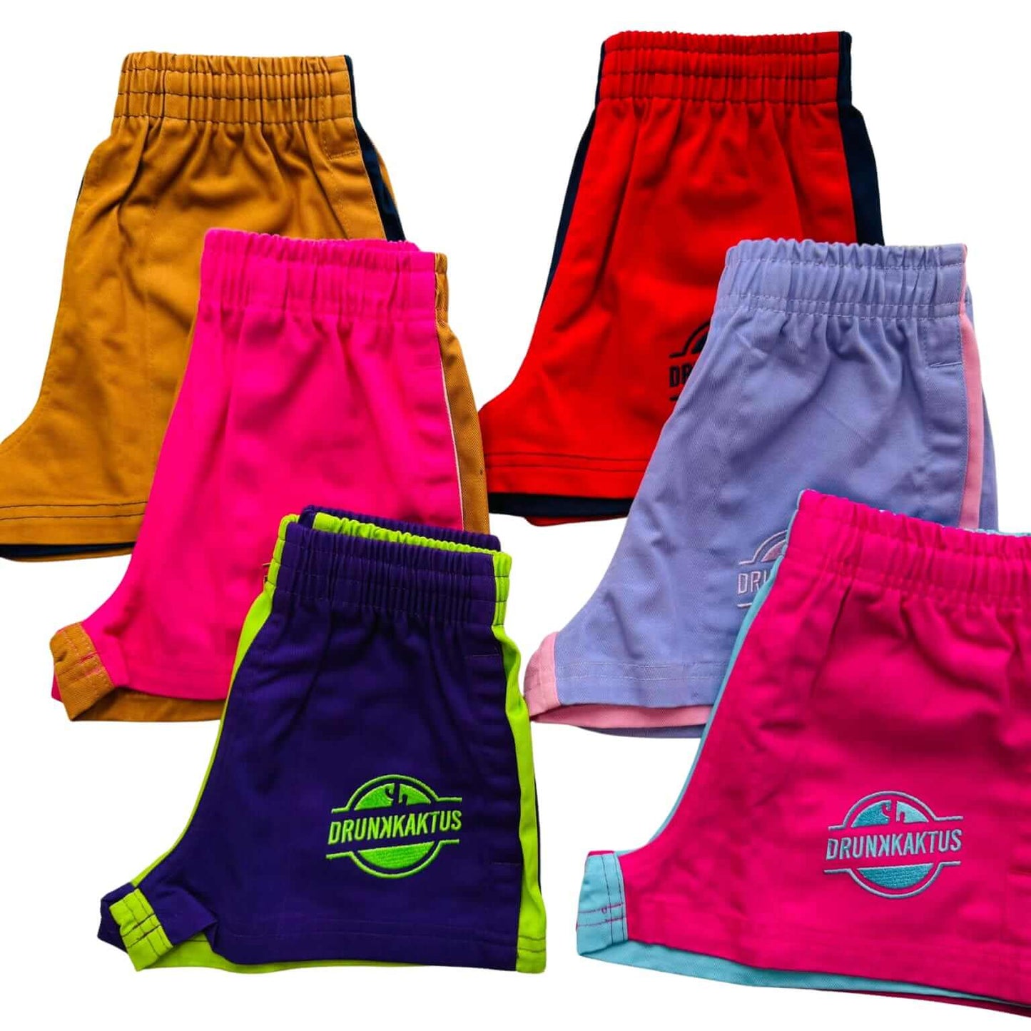 Colorful shorts with 'DRUNKAKTUS' branding on a white background