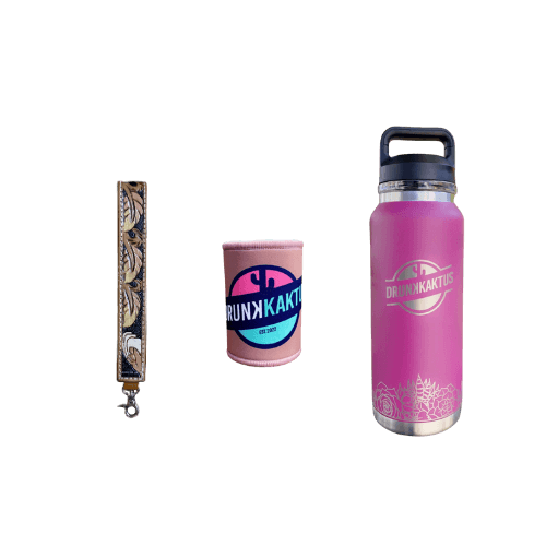 Western lifestyle bundle with neoprene stubby cooler, tooled leather clutch strap and 36oz insulated water bottle