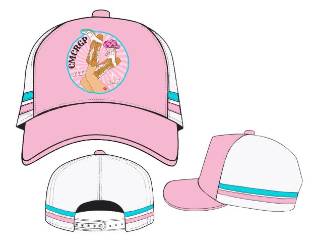 Side angle of CMCRGP MERCH Trucker Cap showcasing its curved visor, structured front panel, and durable mesh back for comfort and ventilation.