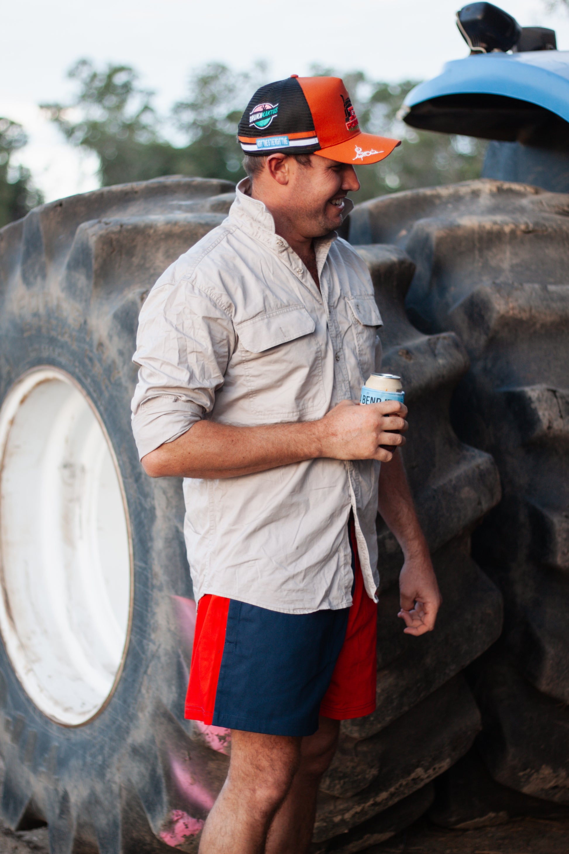 Fan layout of pink purple cotton shorts, pink blue cotton drill shorts, green purple cotton drill shorts, and mustard pink cotton drill shorts
