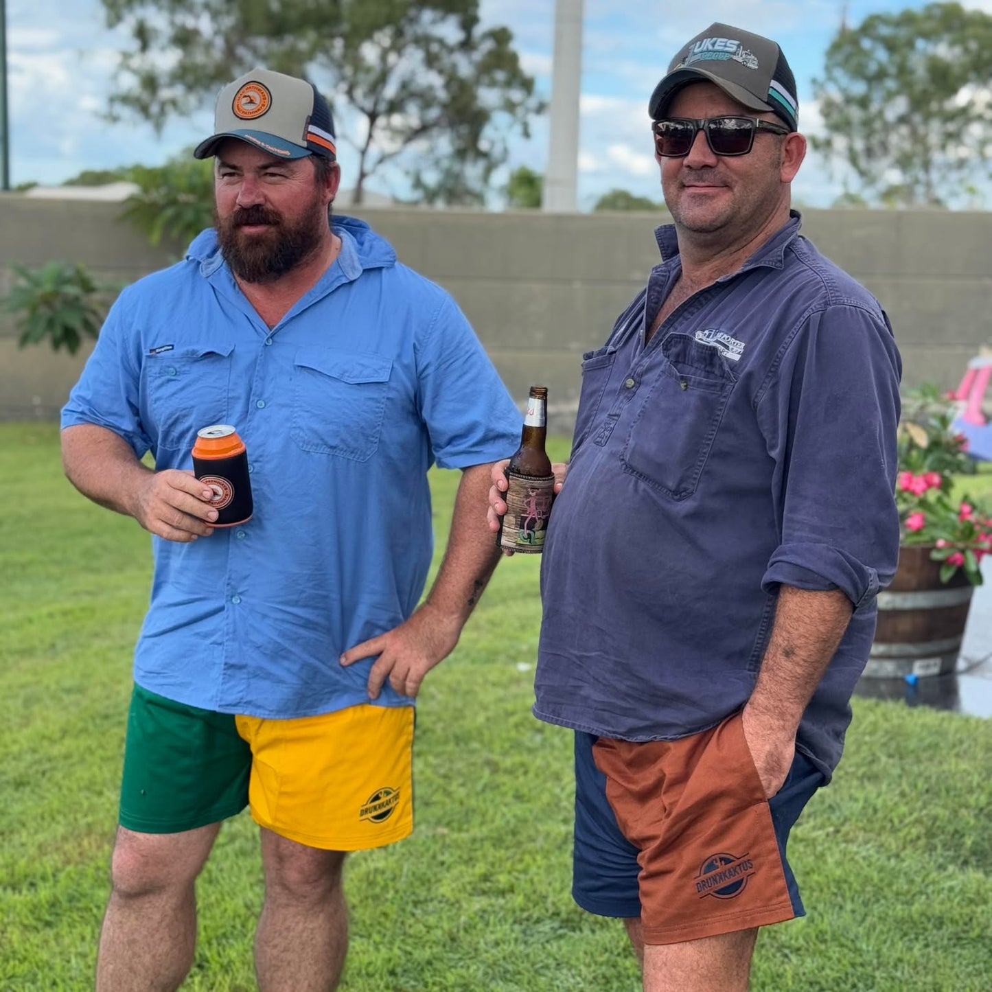 Unisex navy and chocolate cotton drill shorts featuring large deep pockets