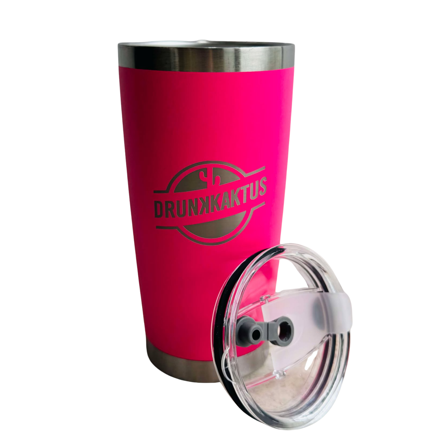 Pink insulated tumbler with a clear lid on a white background