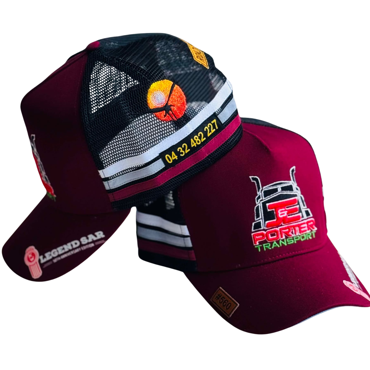 Two Maroon high profile trucker caps with mesh back, one featuring a logo and Patch saying J & E PORTER TRANSPORT