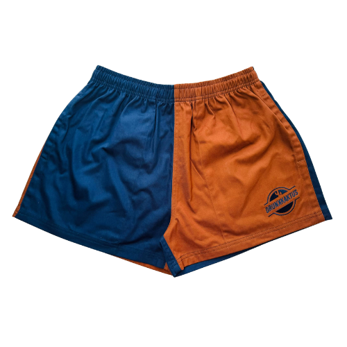 Navy and chocolate cotton drill shorts with elastic waistband and drawstring
