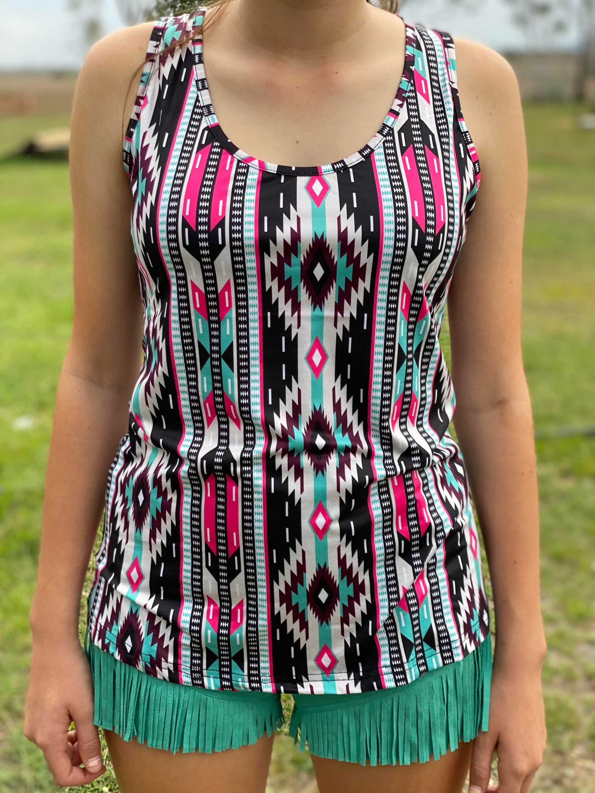 A Multicolored Geometric Ladies Singlet patterned ladies singlet.