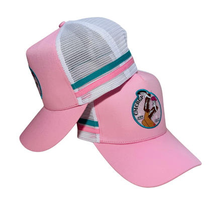 Pink trucker hat with a logo on a white background