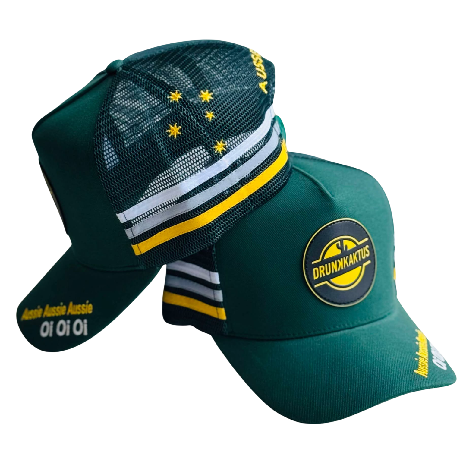 Two aussie green trucker caps with yellow and white Stripes