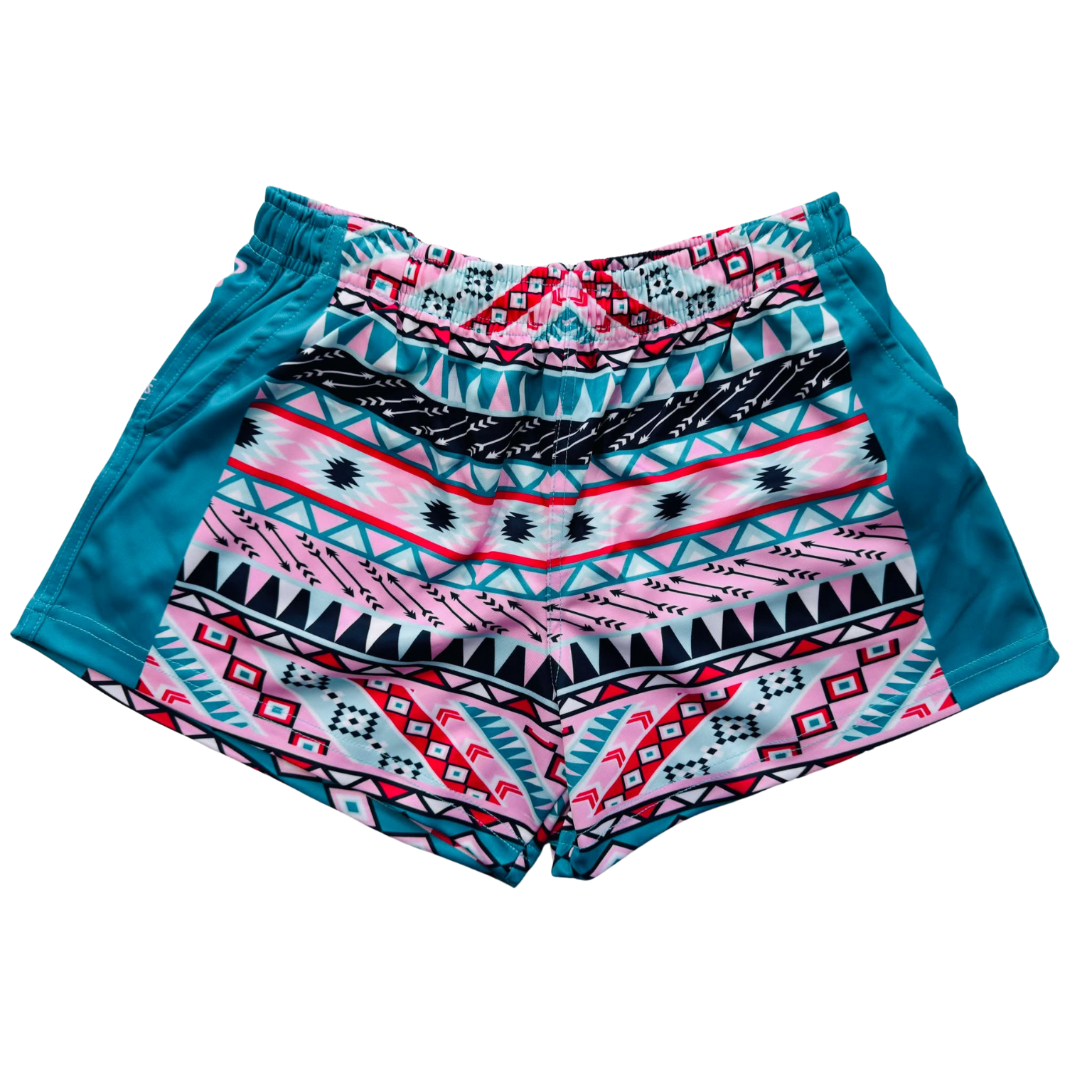 A pair of FOOTY SHORTS - AZTEC  WITH POCKETS with pockets and an elastic waistband