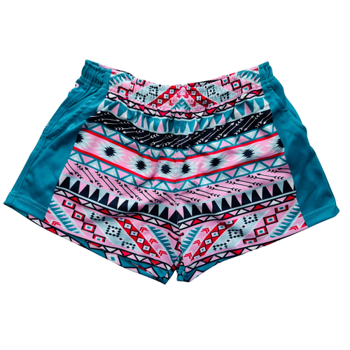 A pair of FOOTY SHORTS - AZTEC  WITH POCKETS with pockets and an elastic waistband