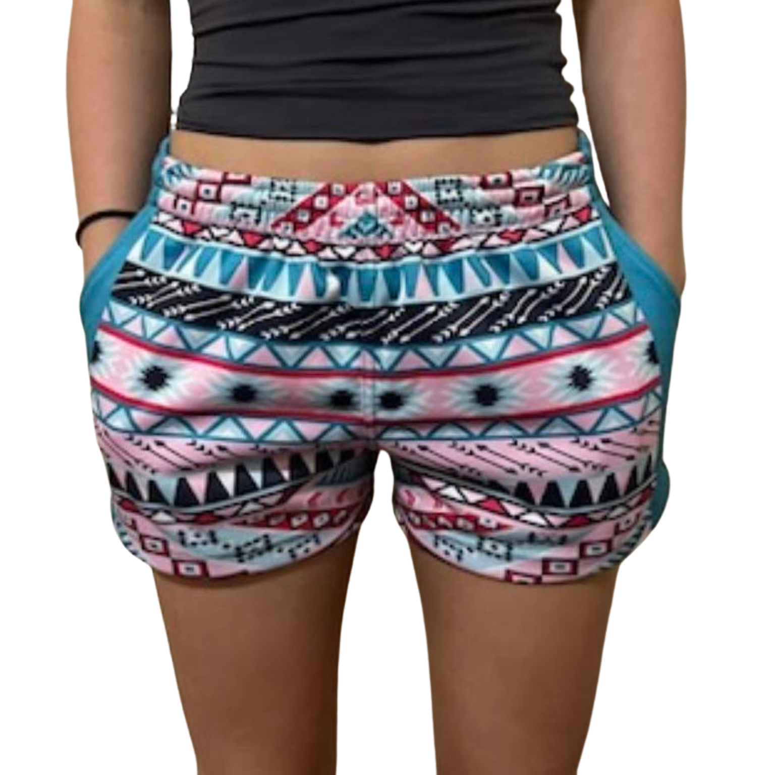 A kid pair of FOOTY SHORTS - AZTEC  WITH POCKETS with pockets and an elastic waistband