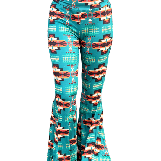 A pair of Blue Aztec Bell Bottoms with a multicolored geometric pattern