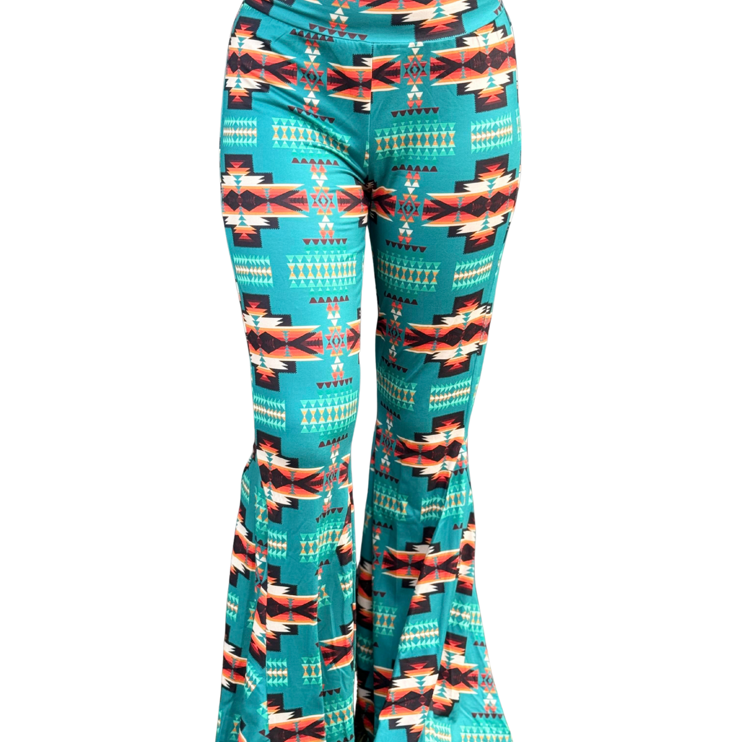 A pair of Blue Aztec Bell Bottoms with a multicolored geometric pattern