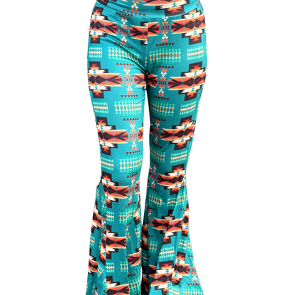 A pair of Blue Aztec Bell Bottoms with a multicolored geometric pattern