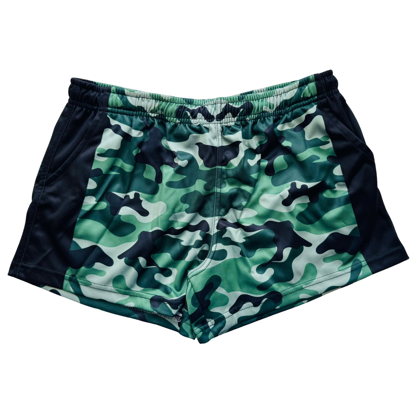 A pair of FOOTY SHORTS - CAMMO WITH POCKETS with pockets and an elastic waistband
