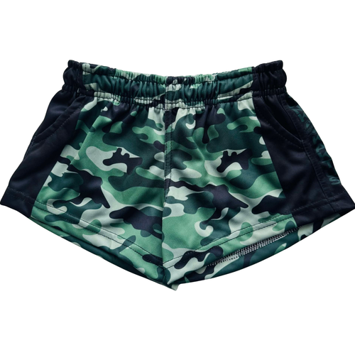 Camouflage shorts with black accents on a white background