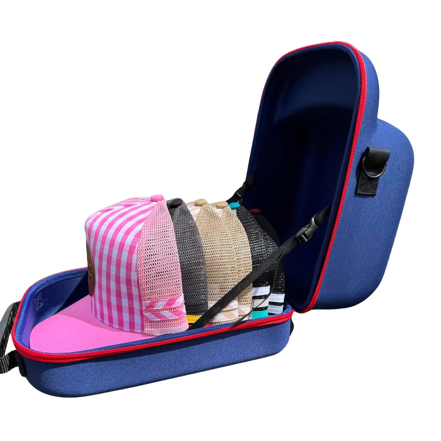 Blue cap case with colorful caps inside on a white background