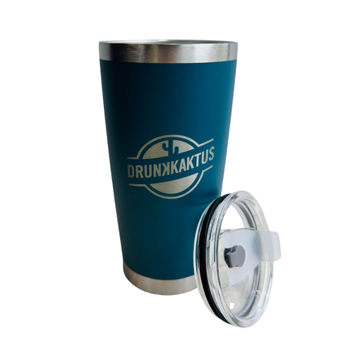 Green insulated tumbler with a clear lid featuring the 'Drunkaktus' logo on a white background.