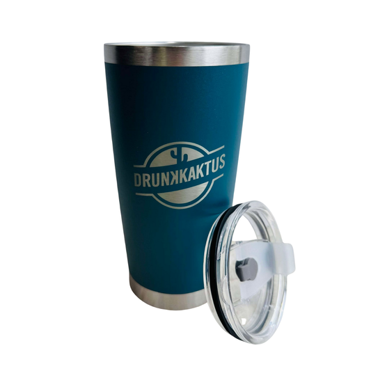 Green insulated tumbler with a clear lid featuring the 'Drunkaktus' logo on a white background.