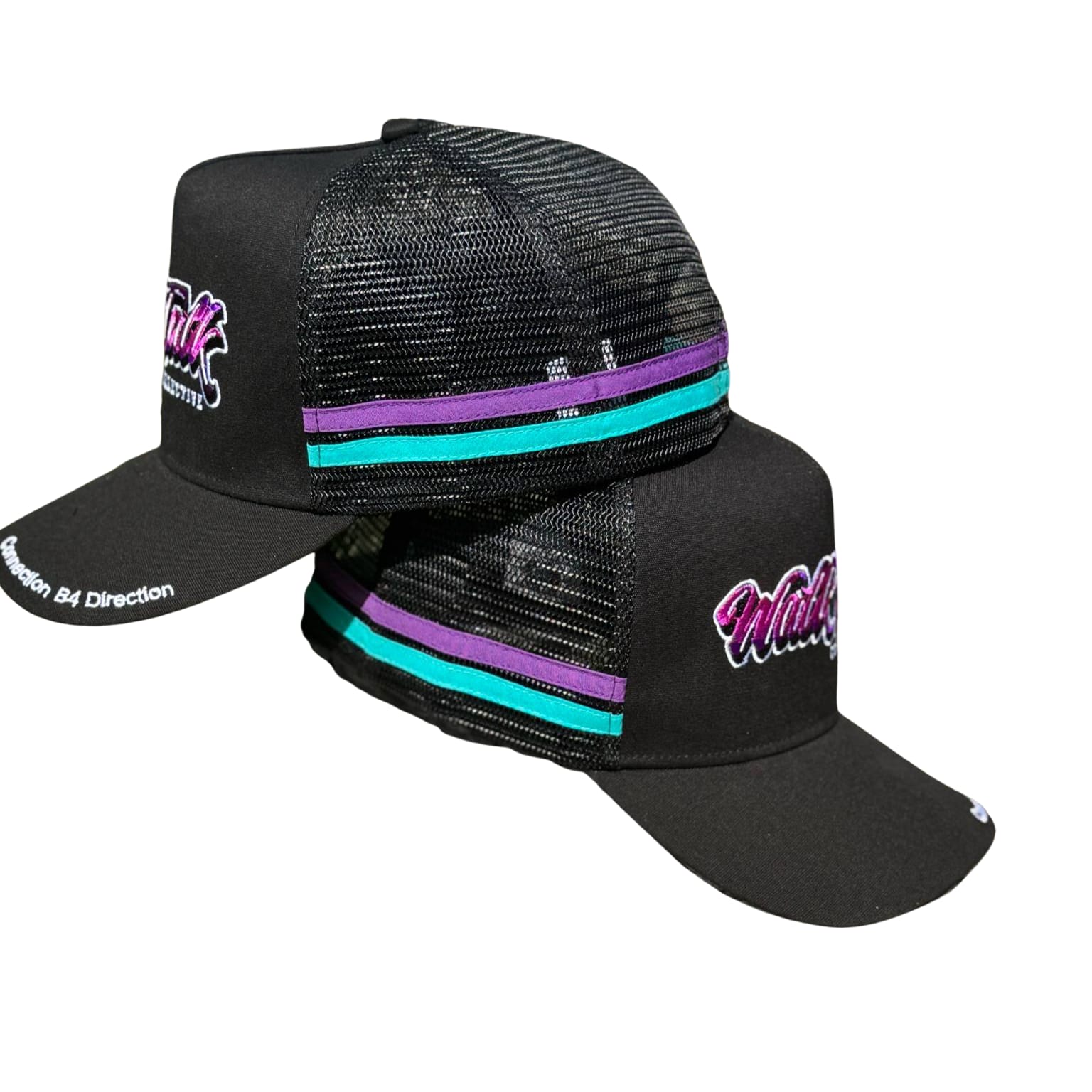 Black mesh cap with colorful stripes and branding on a white background