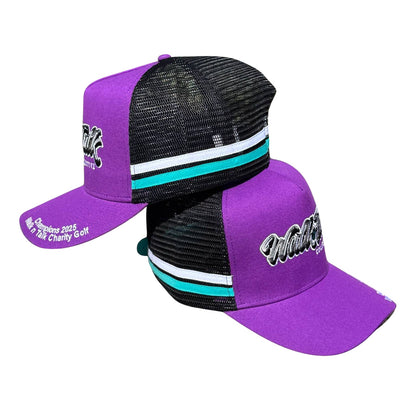 Purple and black cap with mesh back on a white background