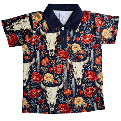 Front view of a kid wearing a lightweight green Sun Shirt with , breathable panels, pocket, and buttoned collar