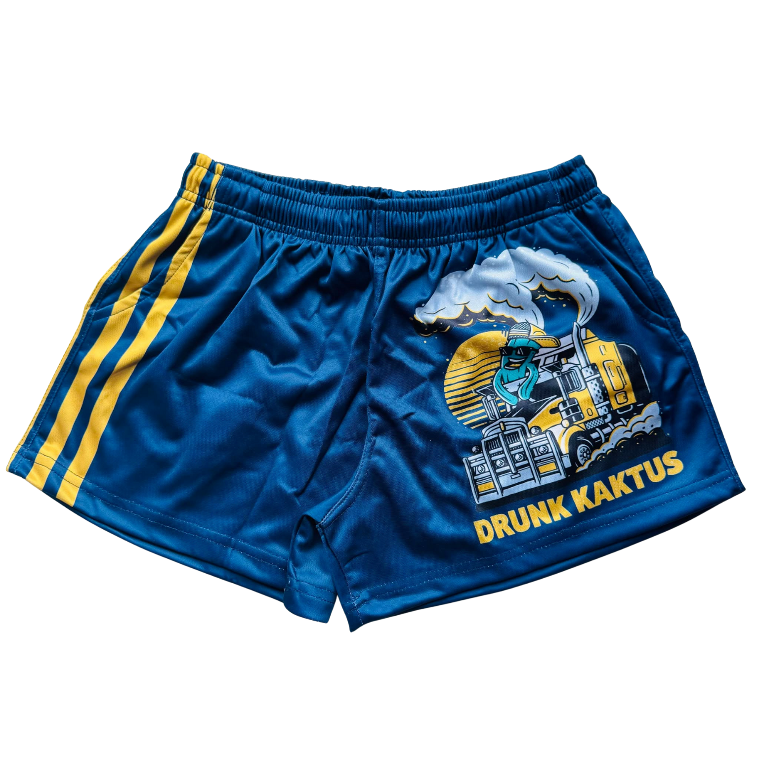 Blue shorts with yellow stripes and 'Drunk Kaktus' graphic design on a white background