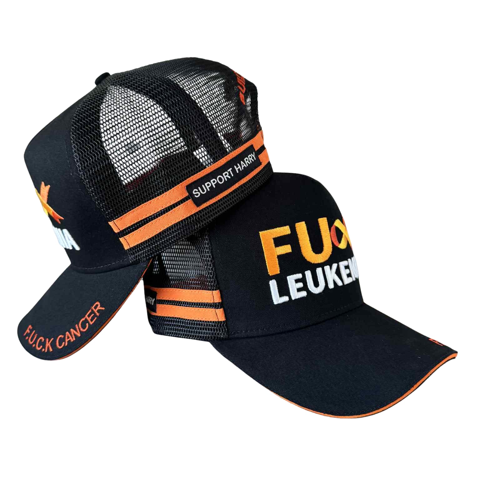 Leukemia Awareness Trucker Cap with supportive messages for Harry, bright orange accents on black fabric.