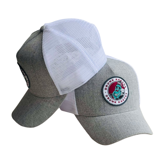 Gray cap with white mesh back and 'Drunk Kaktus' logo on a white background