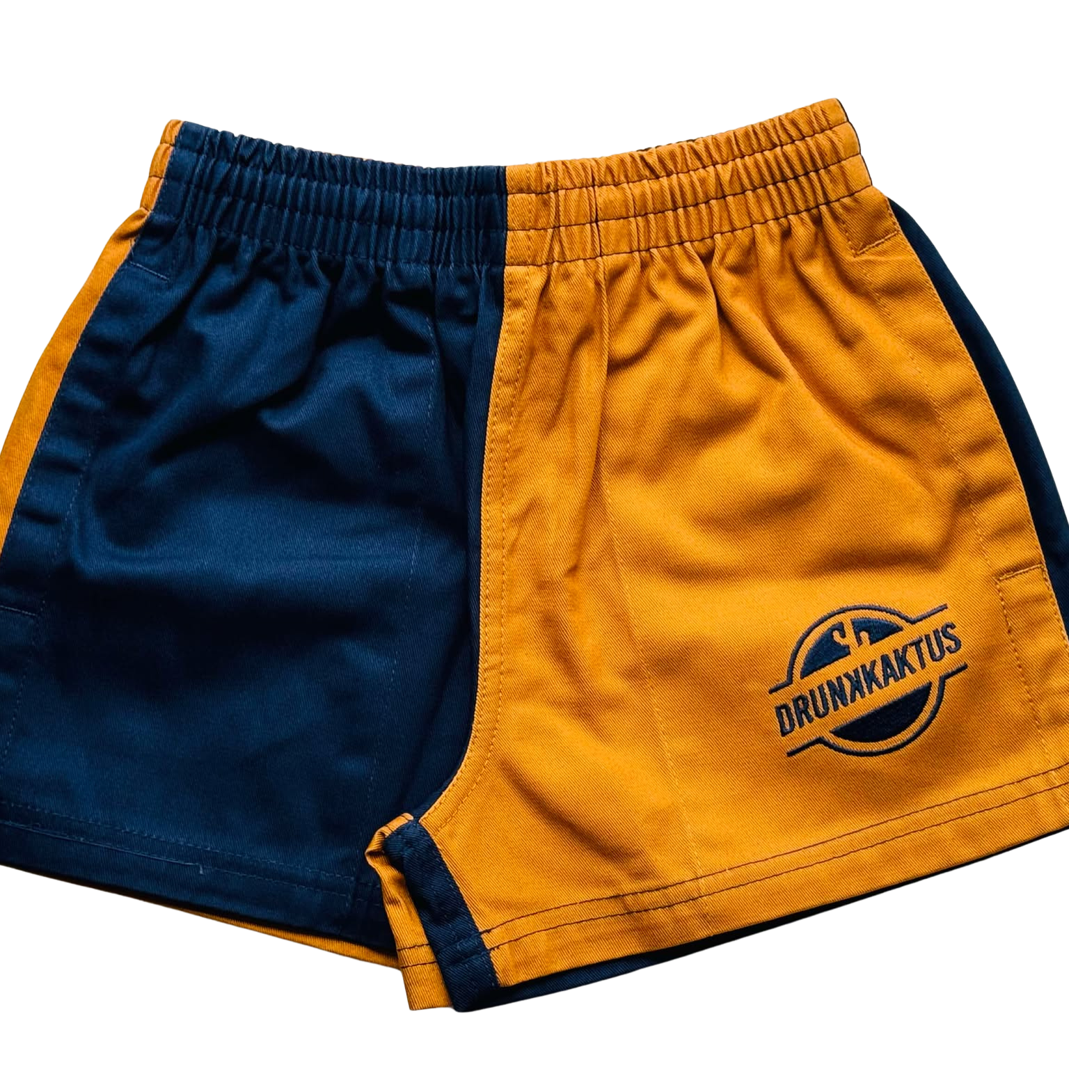 Two-tone blue and orange shorts with a Drunk Kaktus logo