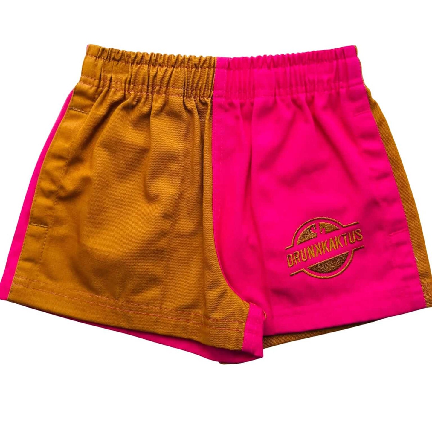 Pink and orange shorts with a drunk kaktus logo