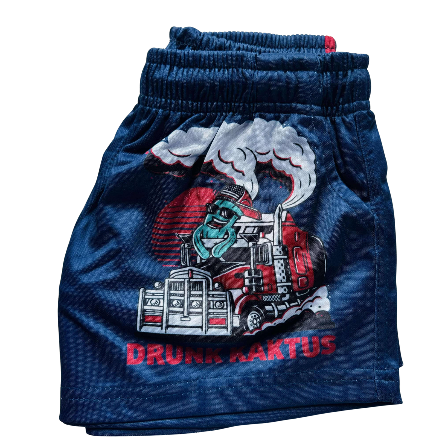 Side view of Kids Footy Shorts KARLOS, showing elastic waistband, drawstring, and deep pockets made from lightweight sublimated polyester fabric.