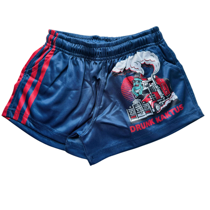 Close-up view of Kids Footy Shorts KARLOS, showing elastic waistband, drawstring, and deep pockets made from lightweight sublimated polyester fabric.