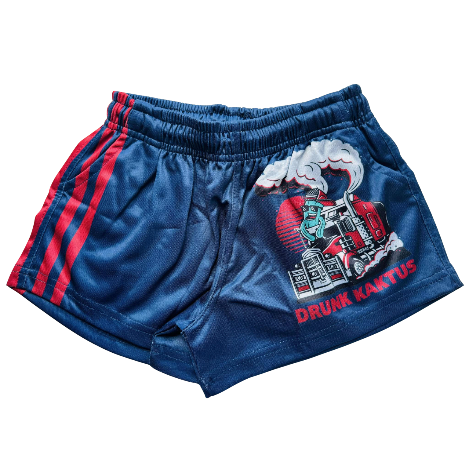 Close-up view of Kids Footy Shorts KARLOS, showing elastic waistband, drawstring, and deep pockets made from lightweight sublimated polyester fabric.