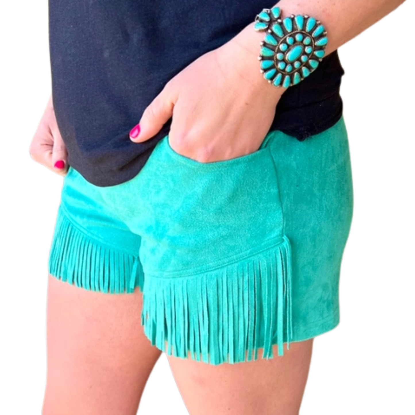 Turquoise suede shorts with fringe and a person wearing them on a white background