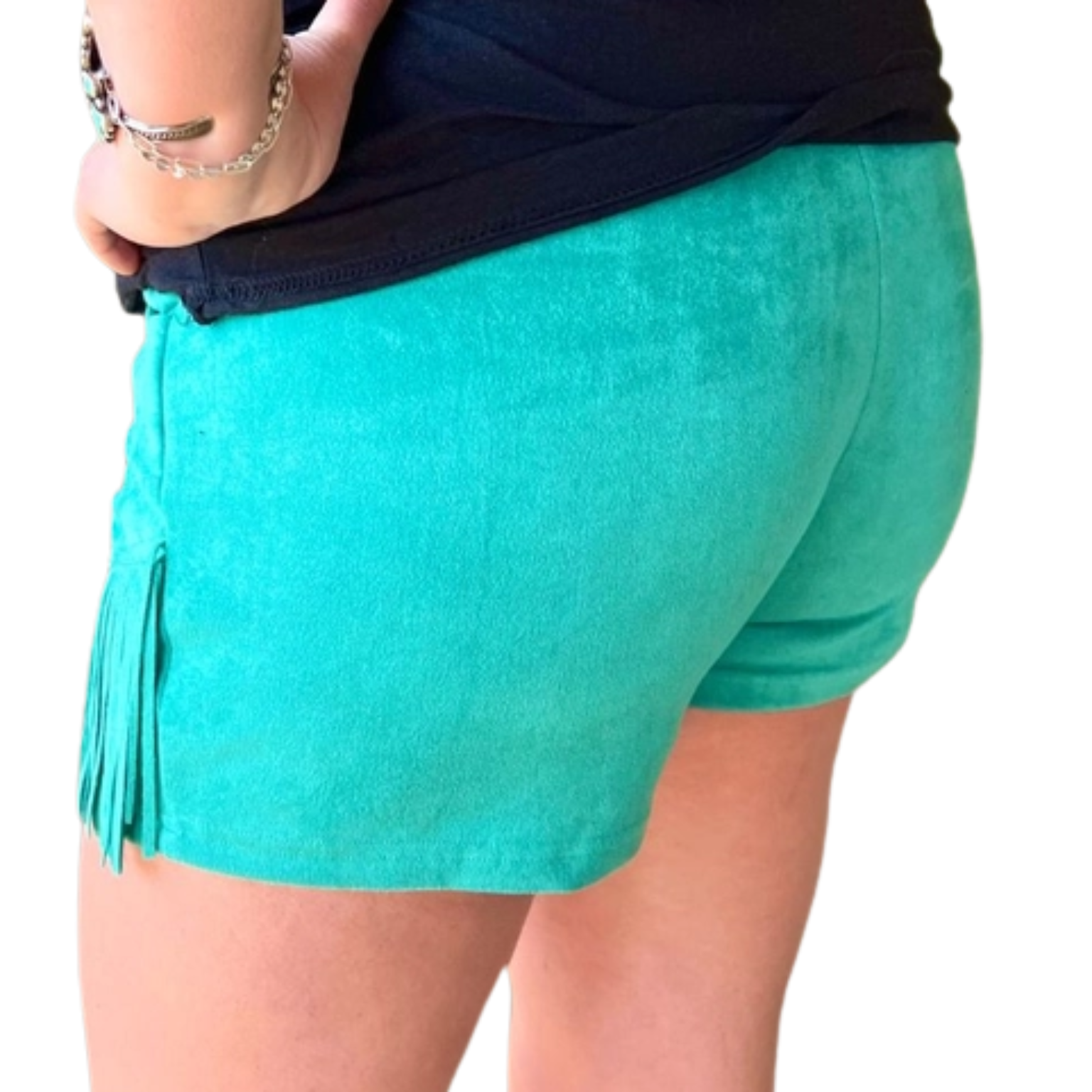 Turquoise shorts with fringe details on a white background