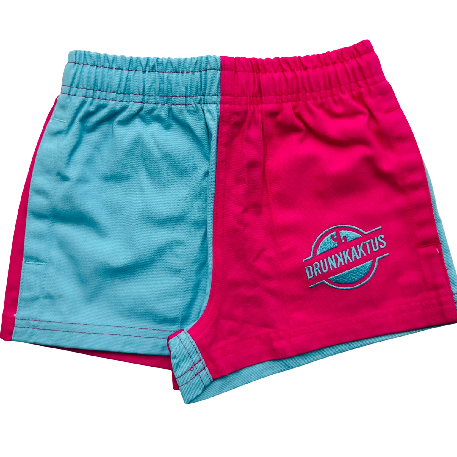 Color-blocked shorts with blue and pink sections with Drunk Kaktus logo