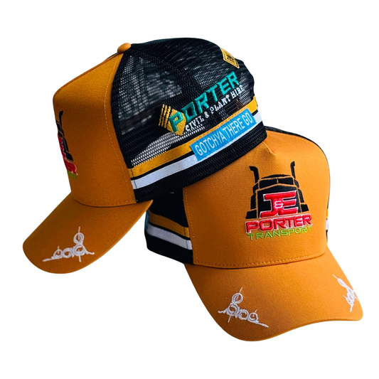 Two orange caps with High Profile Trucker Cap featuring a structured front panel on a white background