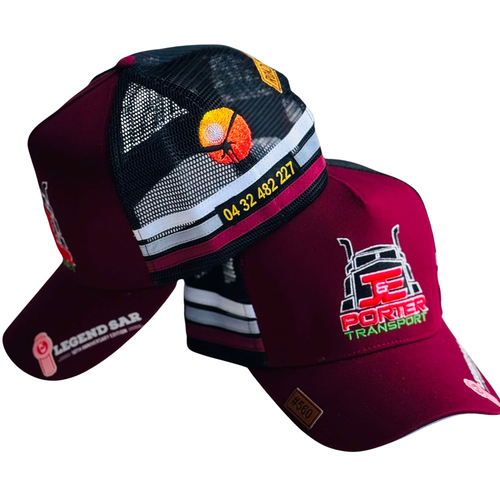 Two Maroon high profile trucker caps with mesh back, one featuring a logo and Patch saying J & E PORTER TRANSPORT