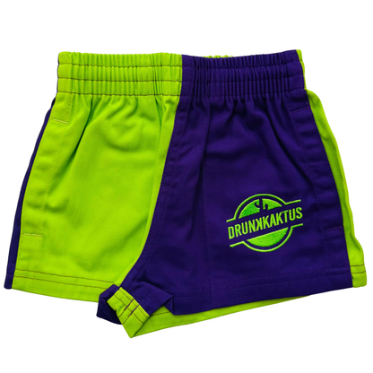 Purple and green shorts with 'DRUNKAKTUS' logo on a white background