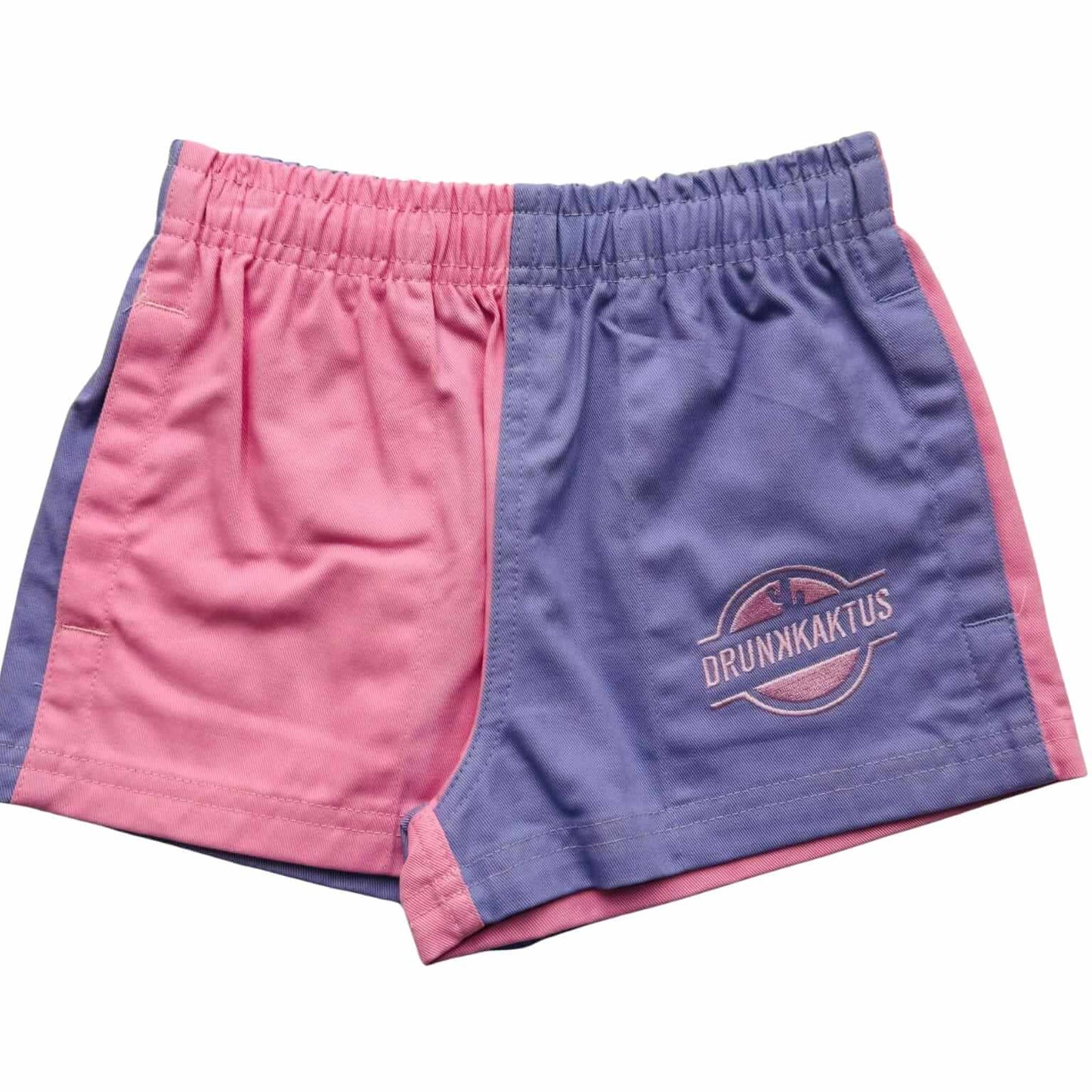 Pink and purple shorts with a Drunk Kaktus logo on a white background