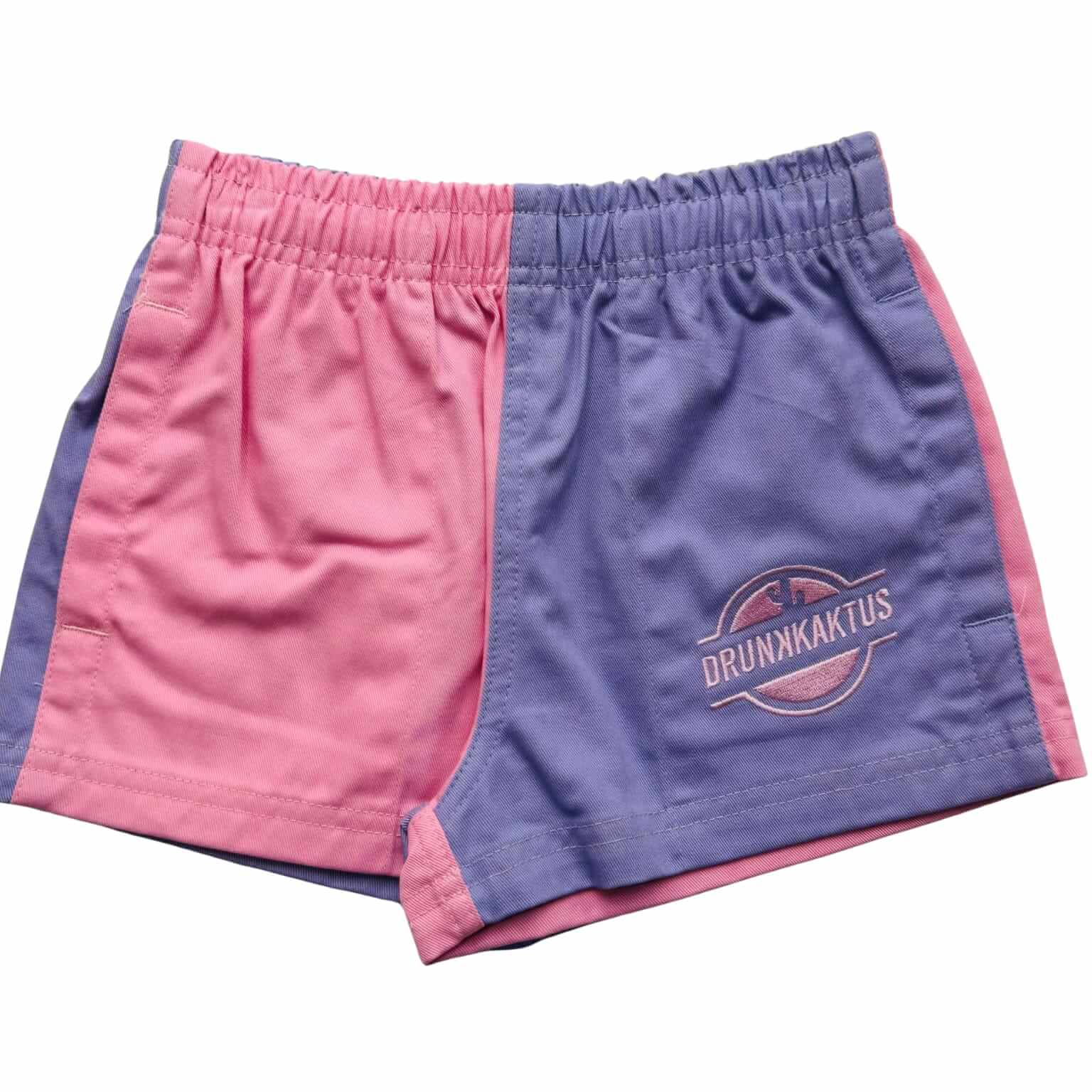 Pink and purple shorts with a Drunk Kaktus logo on a white background