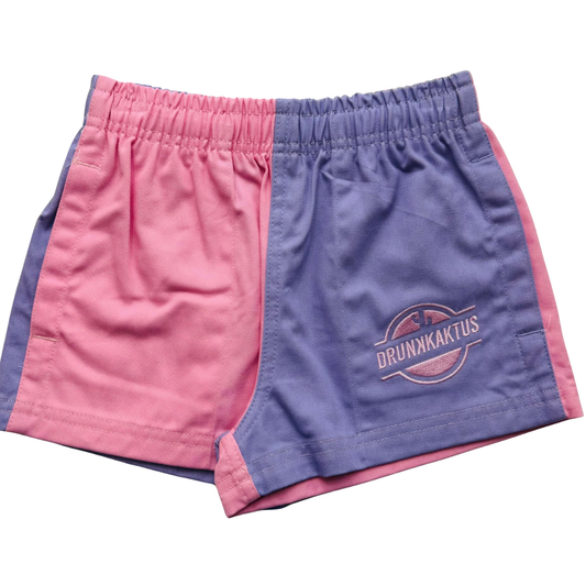 Pink and purple shorts with a Drunk Kaktus logo 