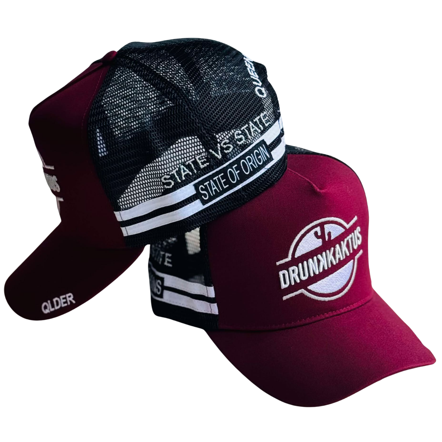 Two caps, one black and red with text, the other maroon with Drunk Kaktus logo, on a white background.