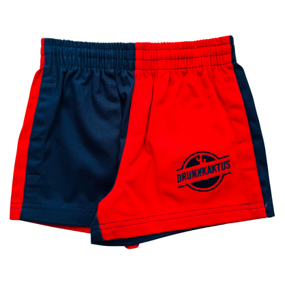 Red and navy shorts with 'Drunkkactus' logo on a white background