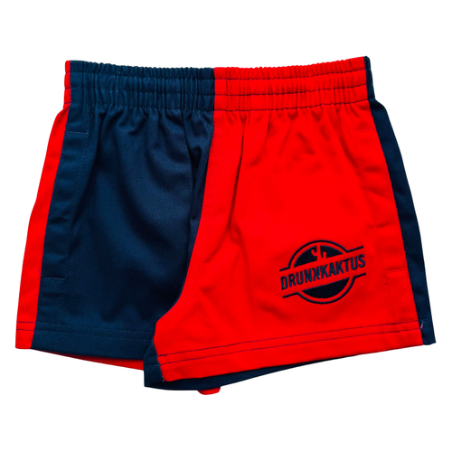 Red and navy shorts with 'Drunkkactus' logo on a white background