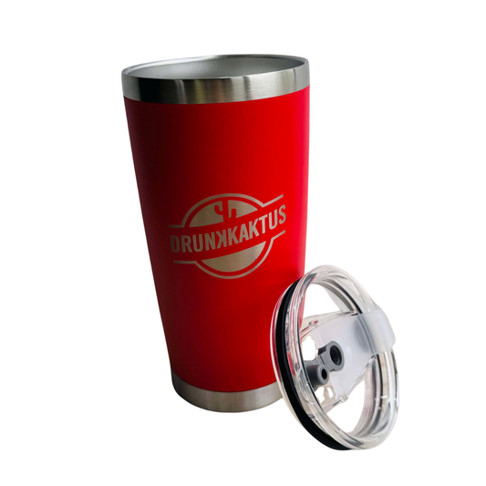 Red 20oz Tumbler made from 18/8 stainless steel with double-wall vacuum insulation, flip lid with straw hole, and dishwasher-safe design.