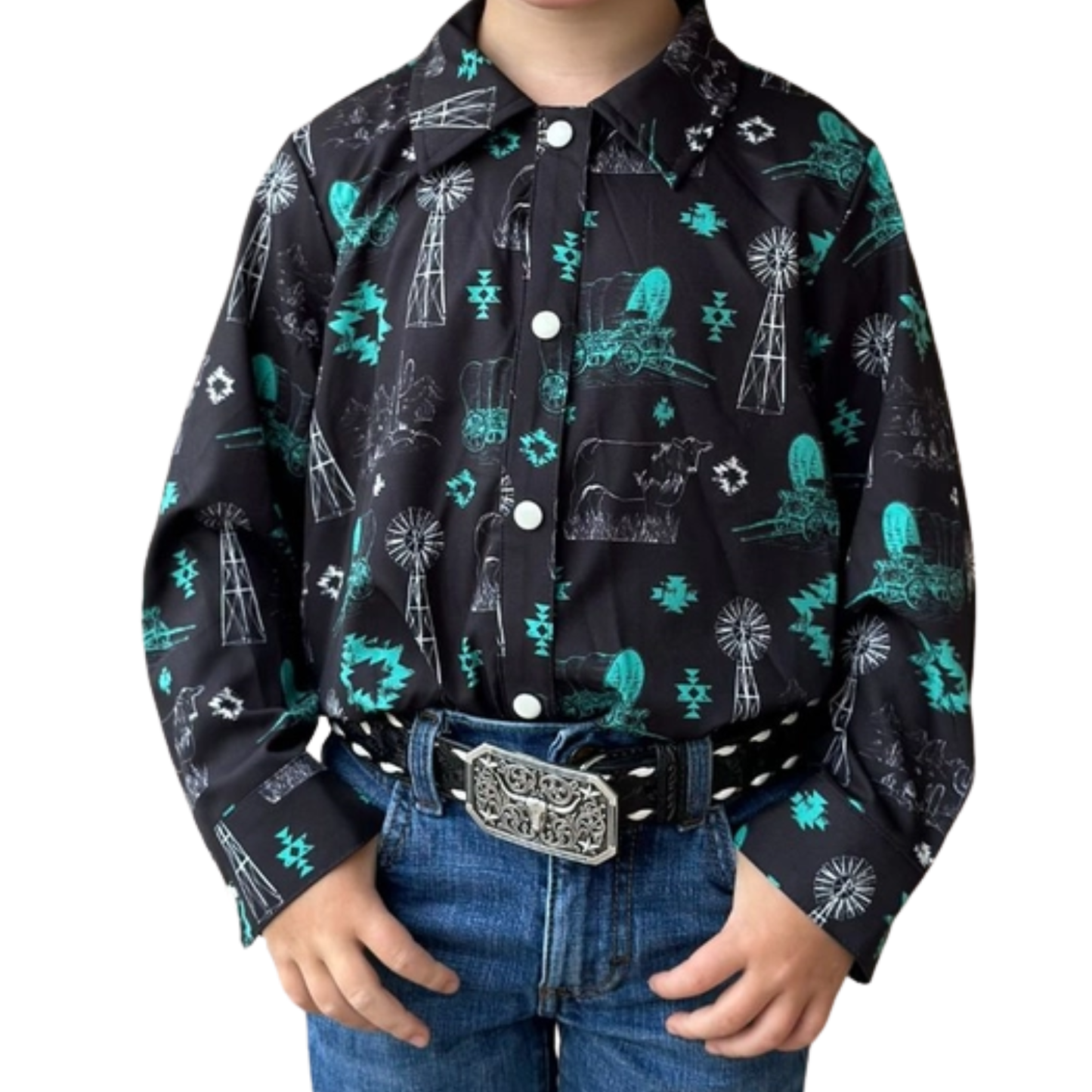 Child wearing a black shirt with teal and white patterns and blue jeans on a white background