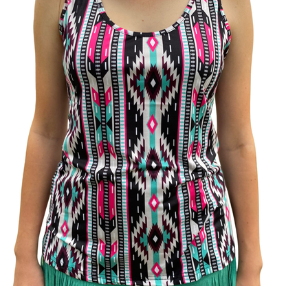 Multicolored patterned sleeveless top on a plain background