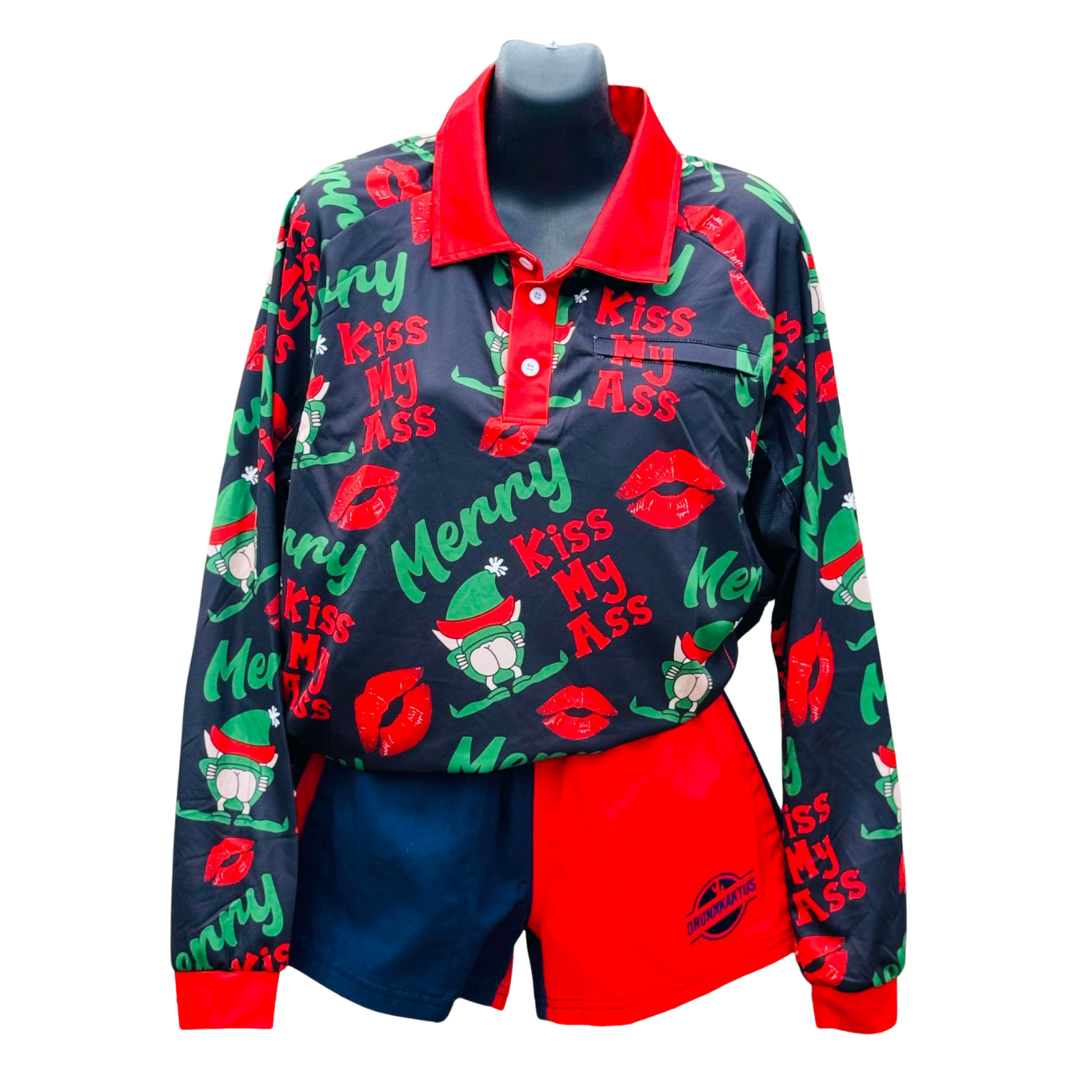 Men's Sun Shirt in Merry Kiss My Ass print, featuring a multi-colored floral and camouflage pattern, buttoned collar, zip pockets, SPF 50+ protection, and long sleeves for outdoor activities.